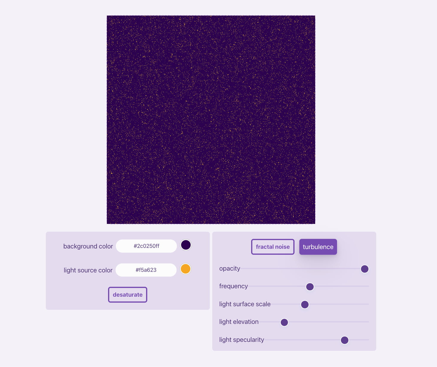Screenshot of nnnoise, a free SVG noise generator. A large dark purple square with grainy orange and white noise texture sits at the top, with two control panels below. The left panel has color pickers for background and light source plus a desaturate button. The right panel has fractal noise and turbulence toggles and sliders for opacity, frequency, light surface scale, elevation, and specularity.