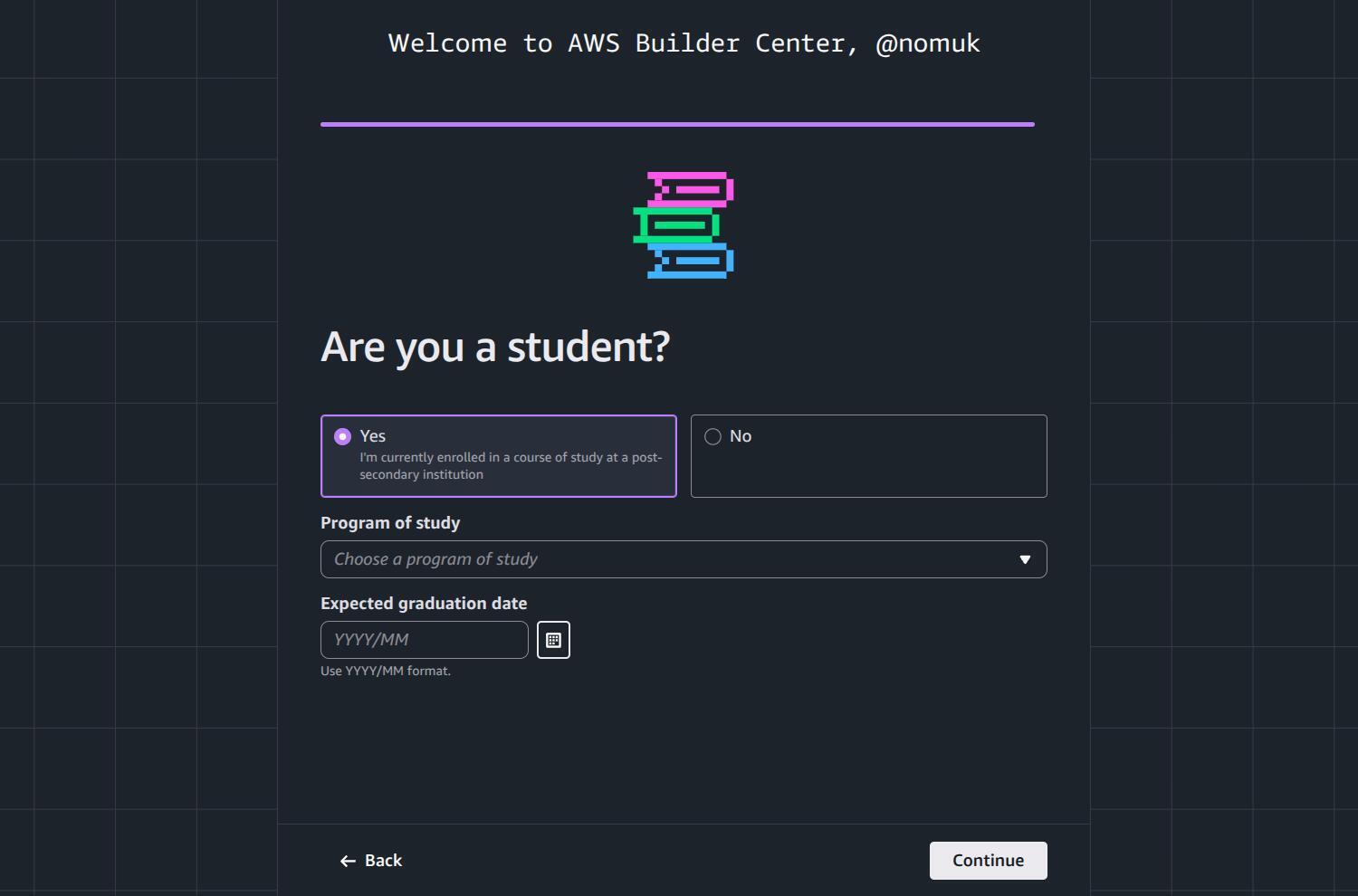 Selecting student status prompt in profile setup
