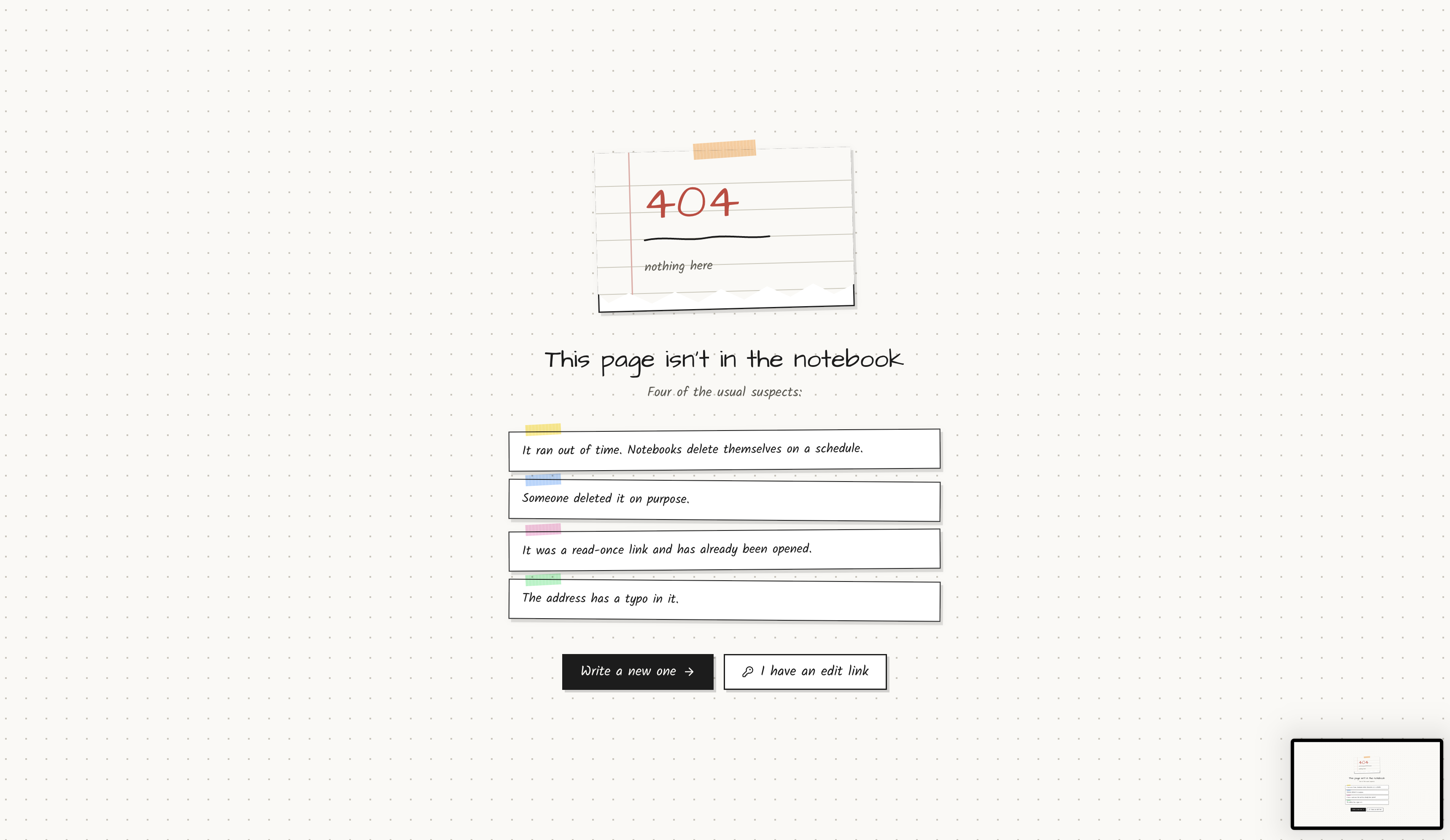 Custom 404 page — torn paper notebook not found