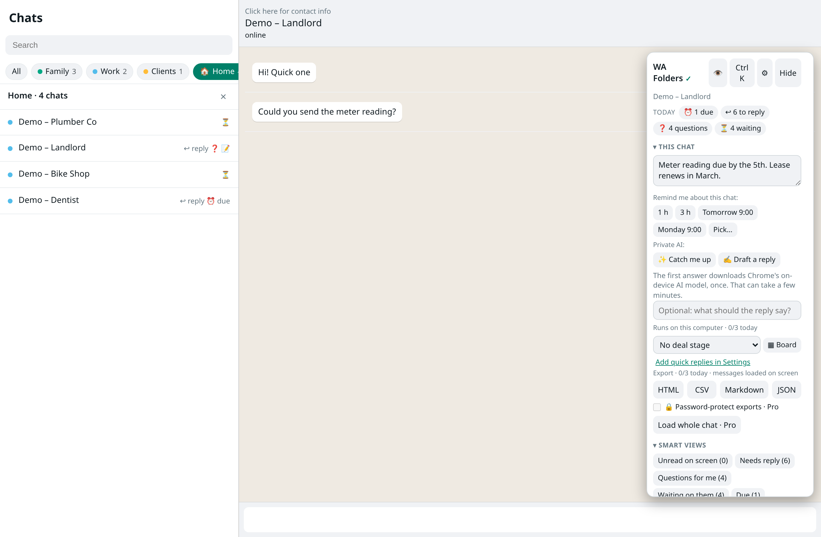 WhatsApp Web (demo contacts) with WA Folders: folder tabs above the chat list with the Home tab open, and the WA Folders panel in the conversation area showing the Today line, a private note and reminder buttons