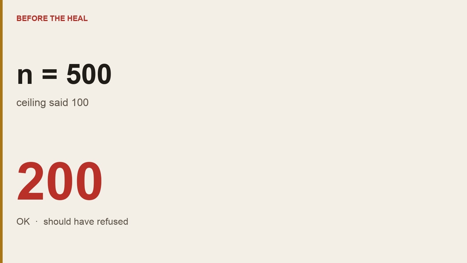 Before the heal — n=500 returned 200