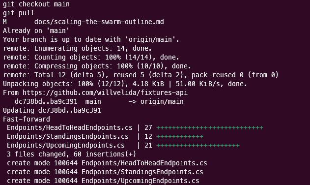 git log on main after squash-merging all three feature pull requests