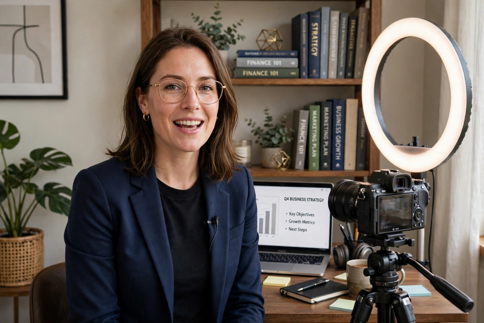 Business consultant recording a helpful educational video in a home office studio