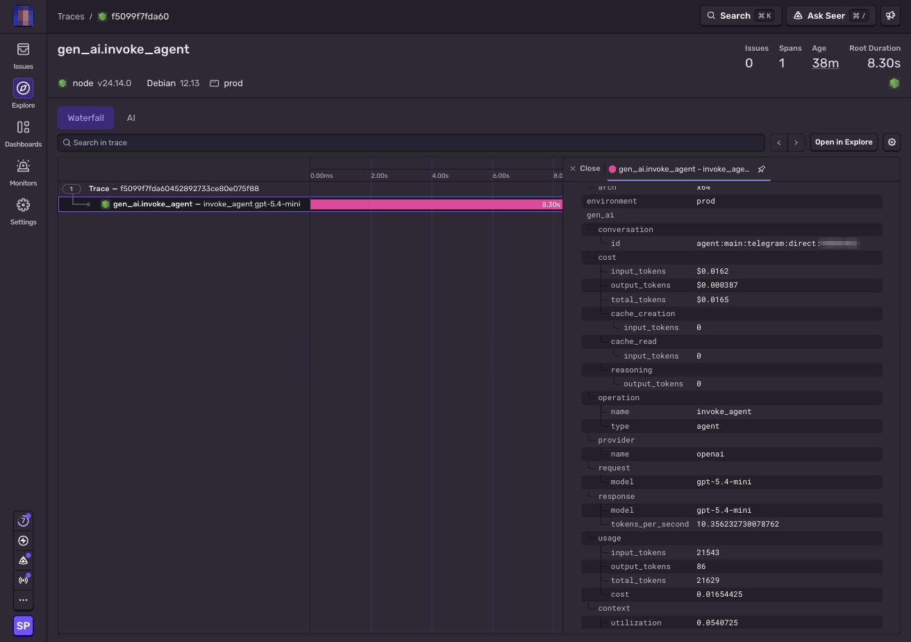 Attributes of a gen_ai.invoke_agent span showing token usage and dollar cost per agent run