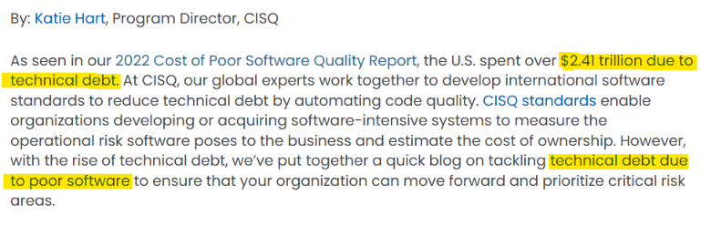 Image of cisq.org critical technical debt of software engineering