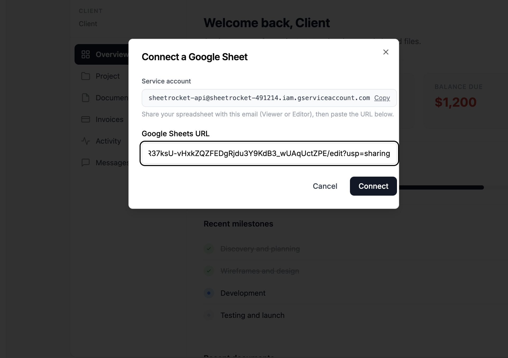 Screenshot of the modal with the sheet URL pasted in and the Connect button visible