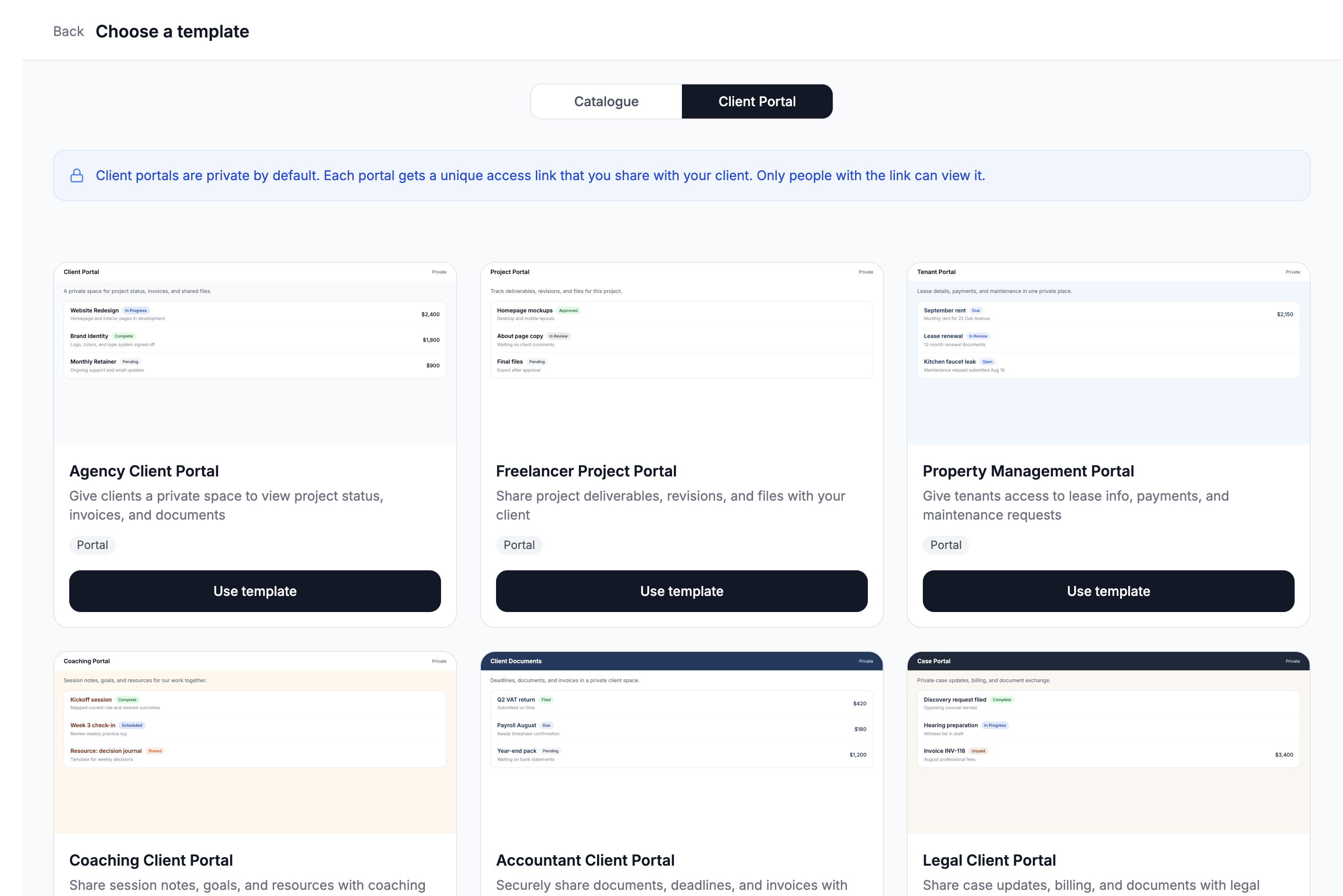Screenshot of the portal template gallery showing Agency Client Portal, Freelancer Project Portal, Property Management Portal, Coaching Portal, and others