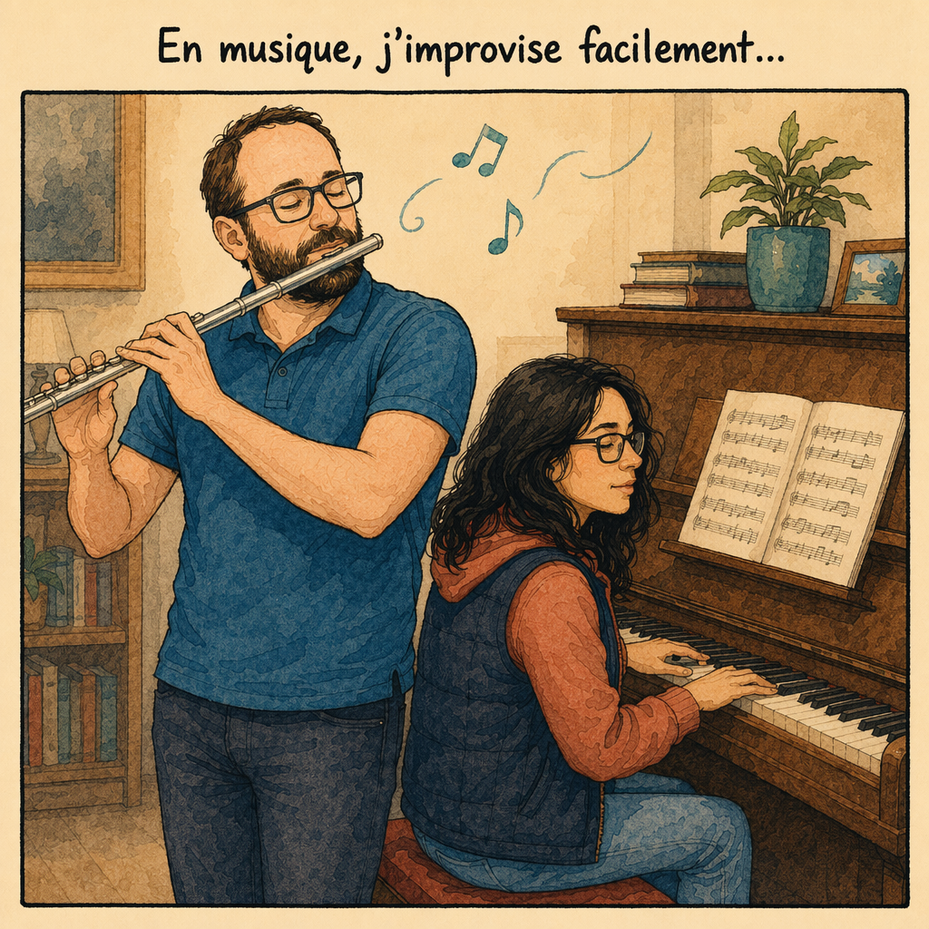 Raphaël joue de la flûte tandis que Jimena l'accompagne au piano.