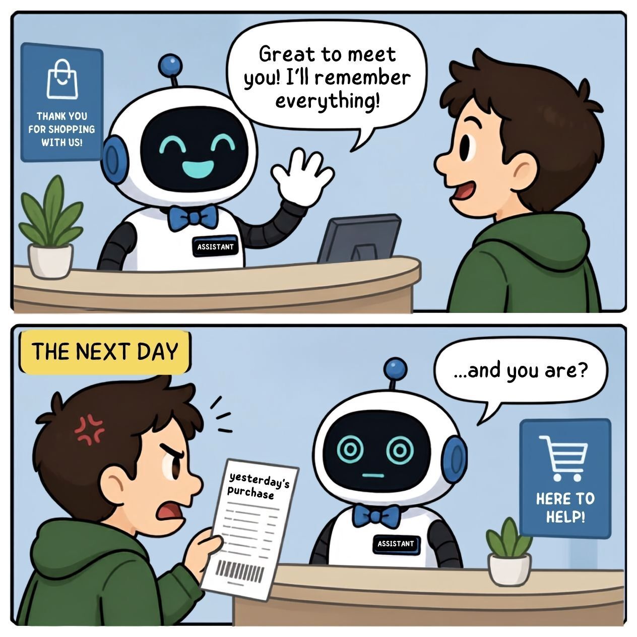 Comic: an AI assistant robot greets a customer promising to remember everything, and the next day asks the same customer, receipt in hand, "...and you are?"