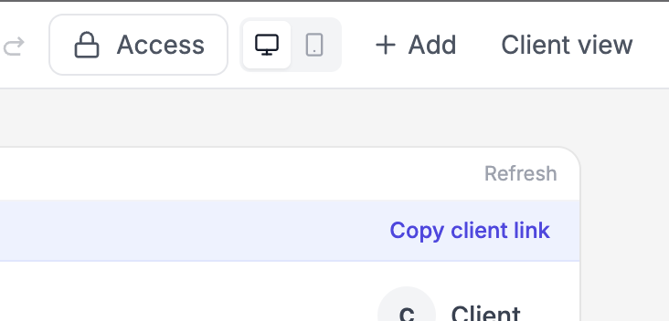 Screenshot of the top bar with the Client view button shown