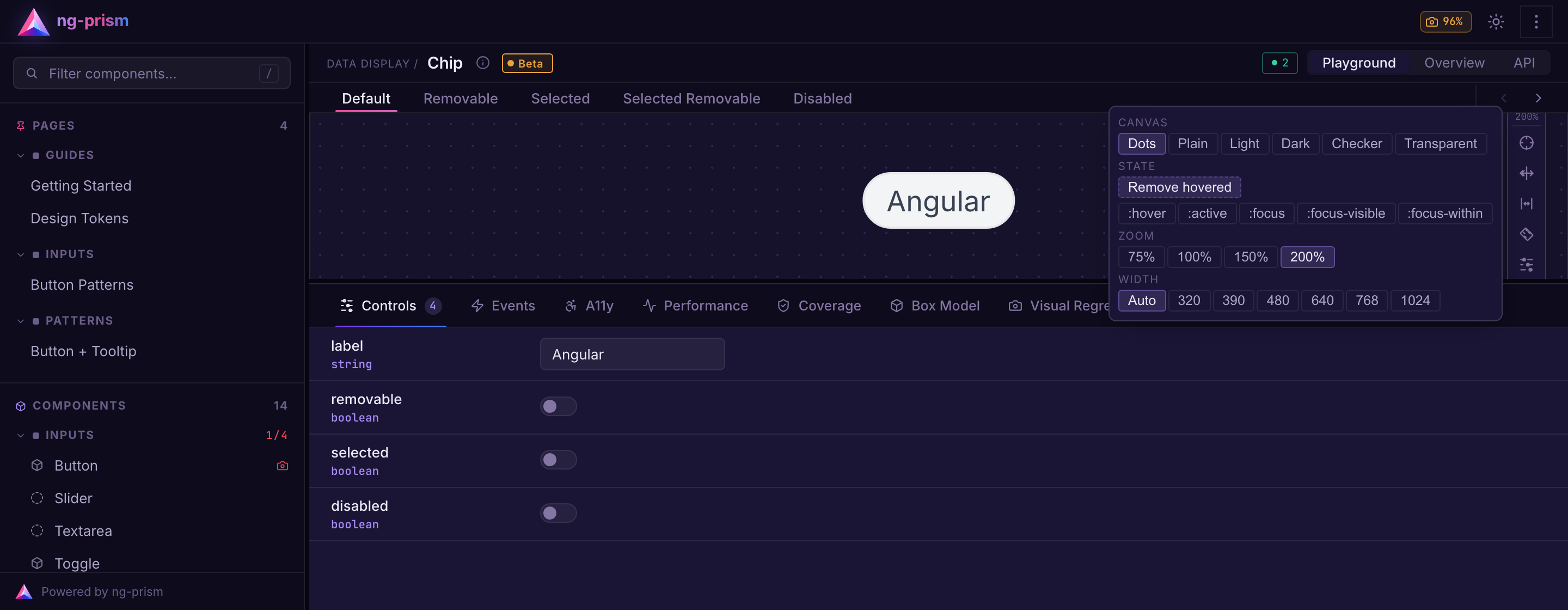 Chip "Default" in the Playground with the state "Remove hovered" picked. The chip in the tools menu is dashed, the rendered chip has no remove button.