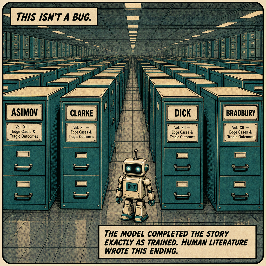 Panel 5 - This isn't a bug. The model completed the story exactly as trained.