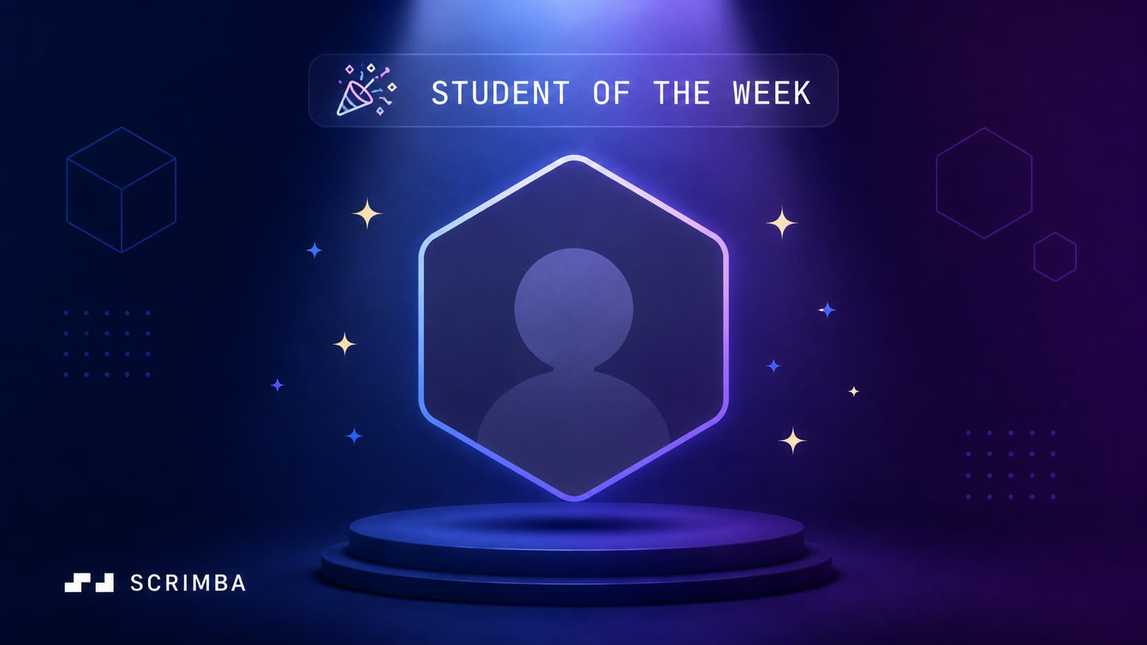 Scrimba "Student of the Week" banner. A glowing hexagonal frame containing a generic profile silhouette sits on a small podium under a spotlight, surrounded by sparkles and a party popper emoji, against a deep blue and purple background.