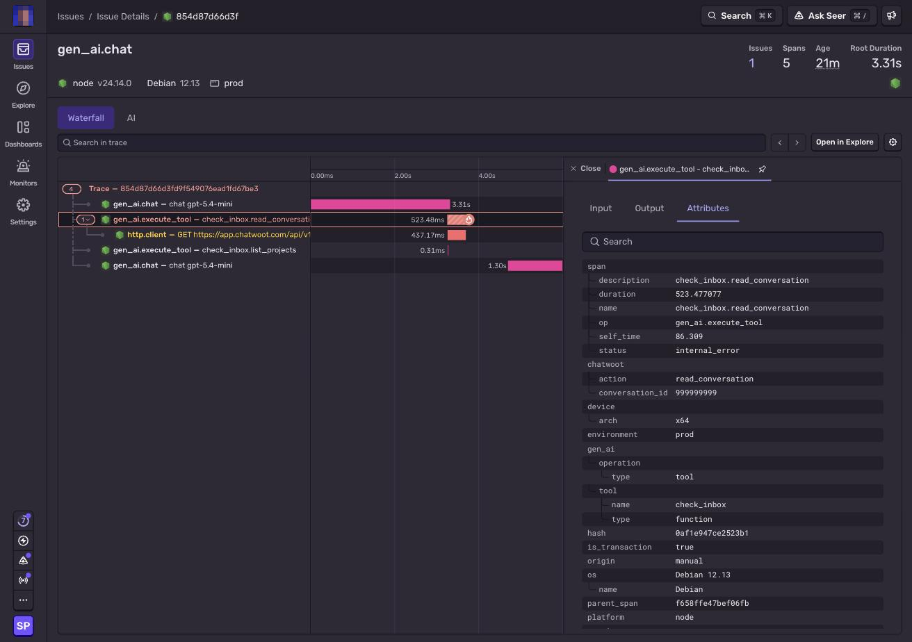 Attributes tab of a gen_ai.execute_tool span in Sentry showing tool name, action and conversation id