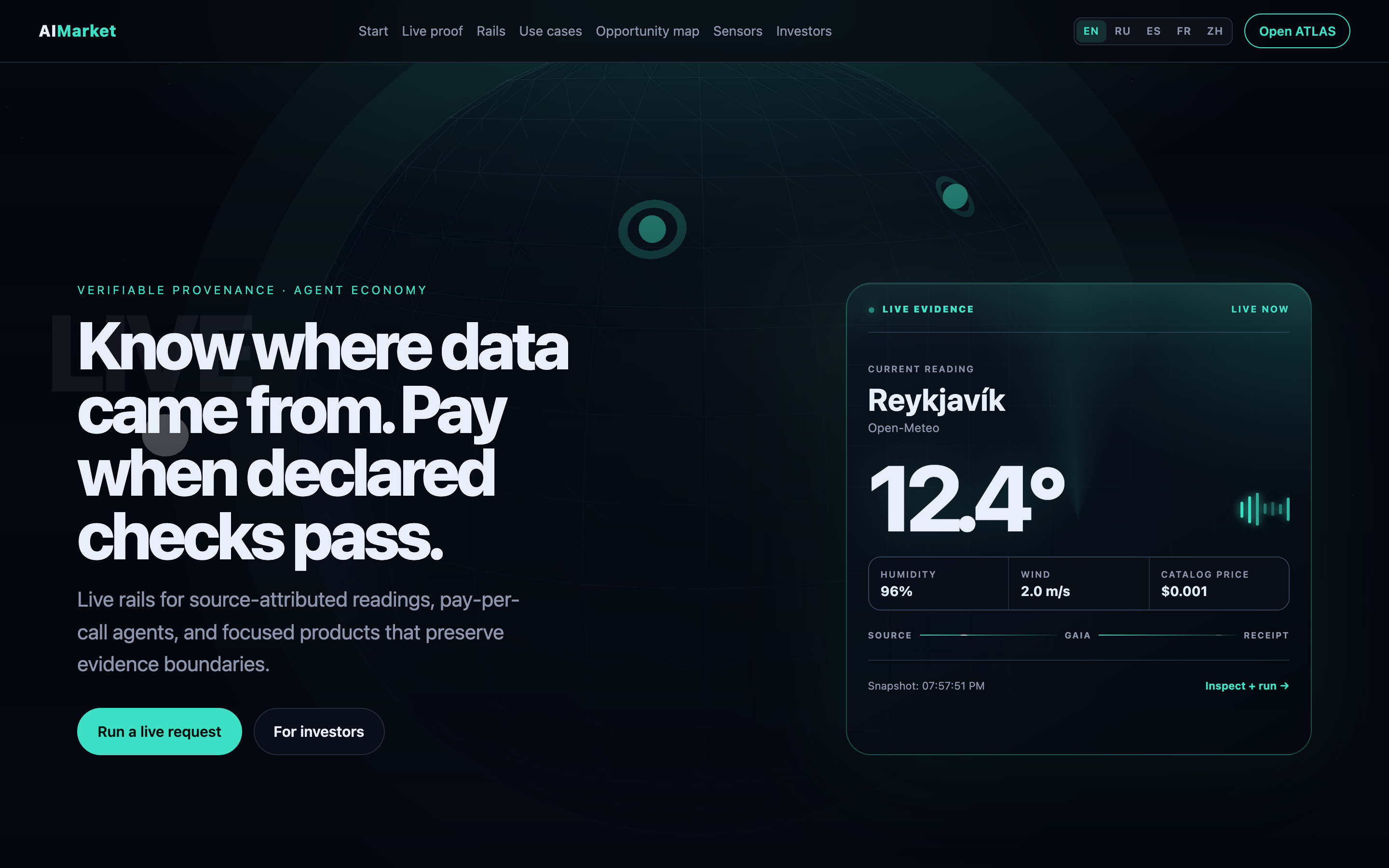 AIMarket portal — live evidence card on the hero