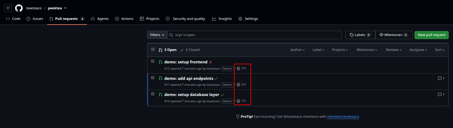 Pull request 清單顯示三個堆疊式 PR，每個都標示自己在堆疊中的位置