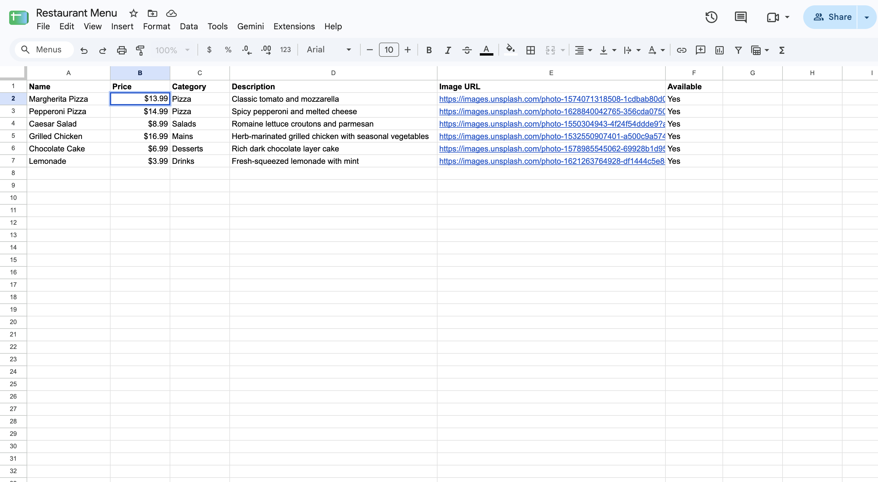 Screenshot of the Google Sheet with the Margherita Pizza price being changed from 12.99 to 13.99