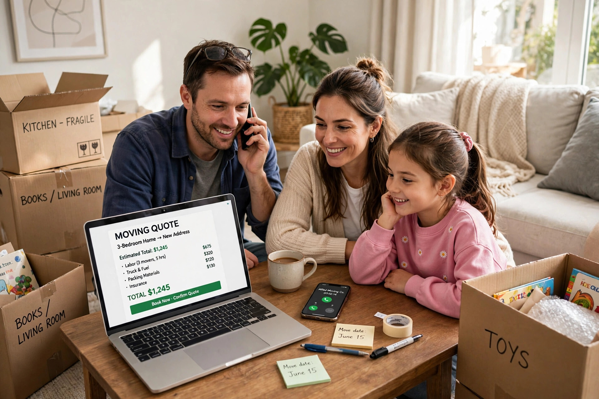 Family requesting a moving quote on a laptop and phone at home