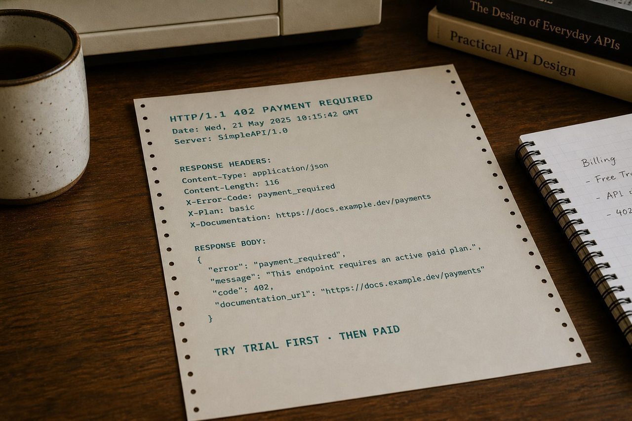 Paper printout of HTTP 402 — trial then paid