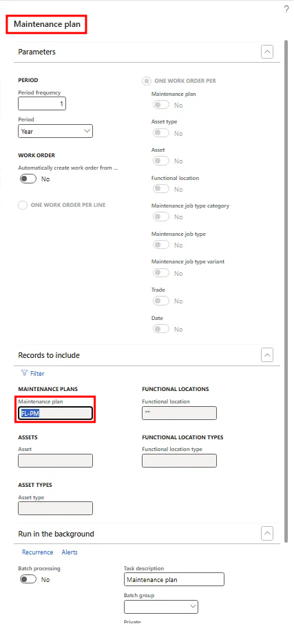 The same scheduling dialog opened from the maintenance schedule, titled Maintenance plan and filtered to 1 plan
