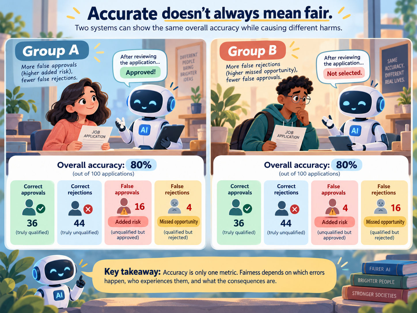 ![Two AI recruitment scenarios with equal 80% accuracy but different false approval and rejection rates, illustrating how accuracy can hide unequal harms.
