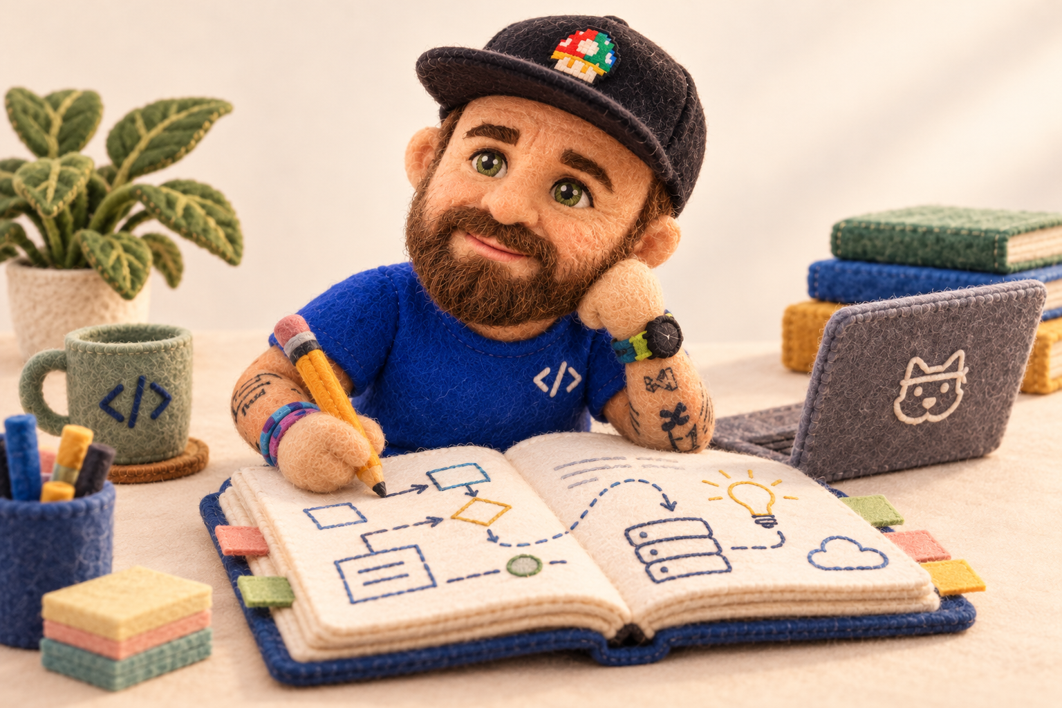 Plush Emanuele writing diagrams in a notebook beside a laptop.