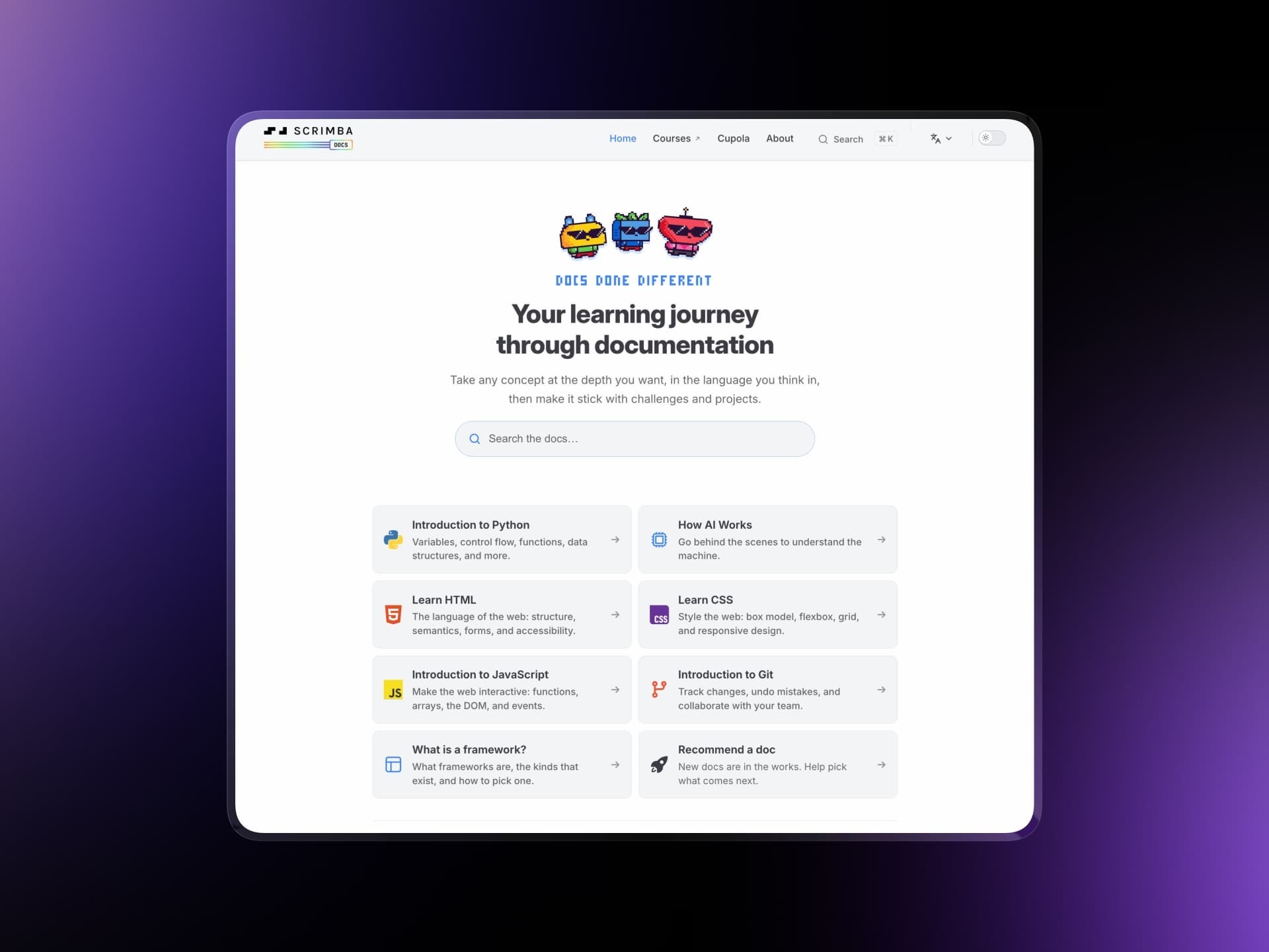 Scrimba docs home page featuring Learn HTML, Learn CSS, Intro to JavaScript, Introduction to GitHub and What is a Framework