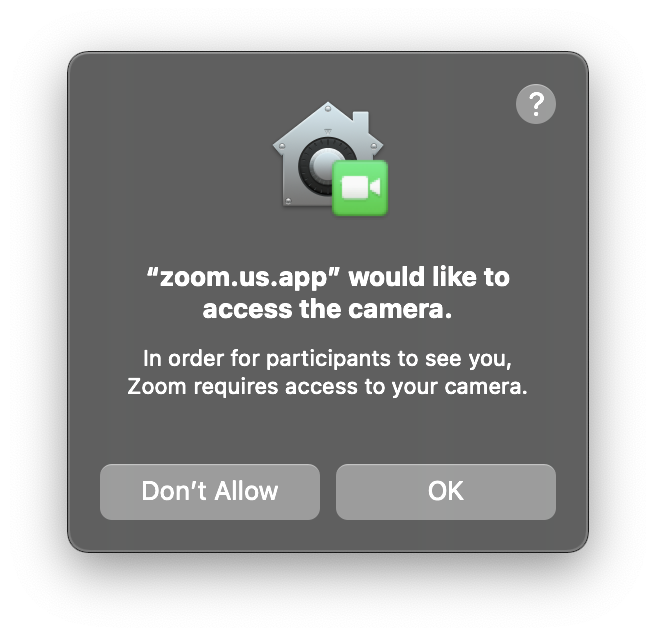 Mac solicitando permissão de acesso a câmera