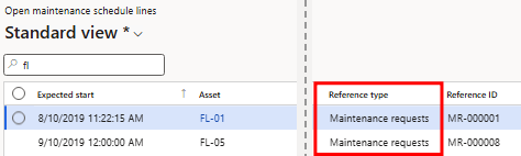 Two forklift maintenance request lines at status Created on the open maintenance schedule