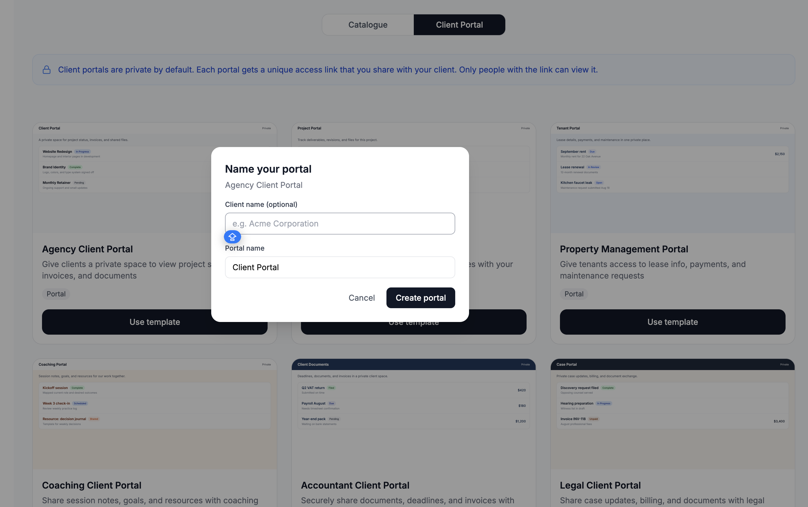 Screenshot of the portal naming step with Portal name and Client name fields filled in