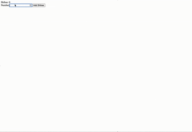 Shibas: 0. After 5 is typed into an input and the add shibas button is clicked, it shows Shibas: 5. 5 images of shibas are added to the page. "Pending" shows while the API call is pending.