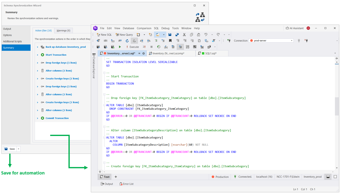 Generated synchronization script reflecting schema changes