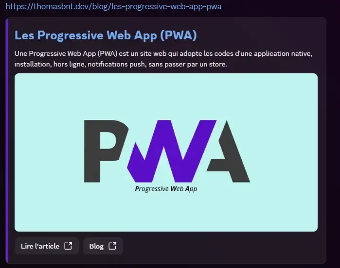 Preview of this article's embed component on Discord, with the full-size image and the two buttons "Read the article" and "Blog"