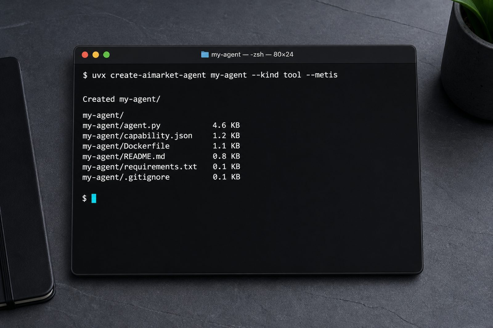 Dark terminal running uvx create-aimarket-agent
