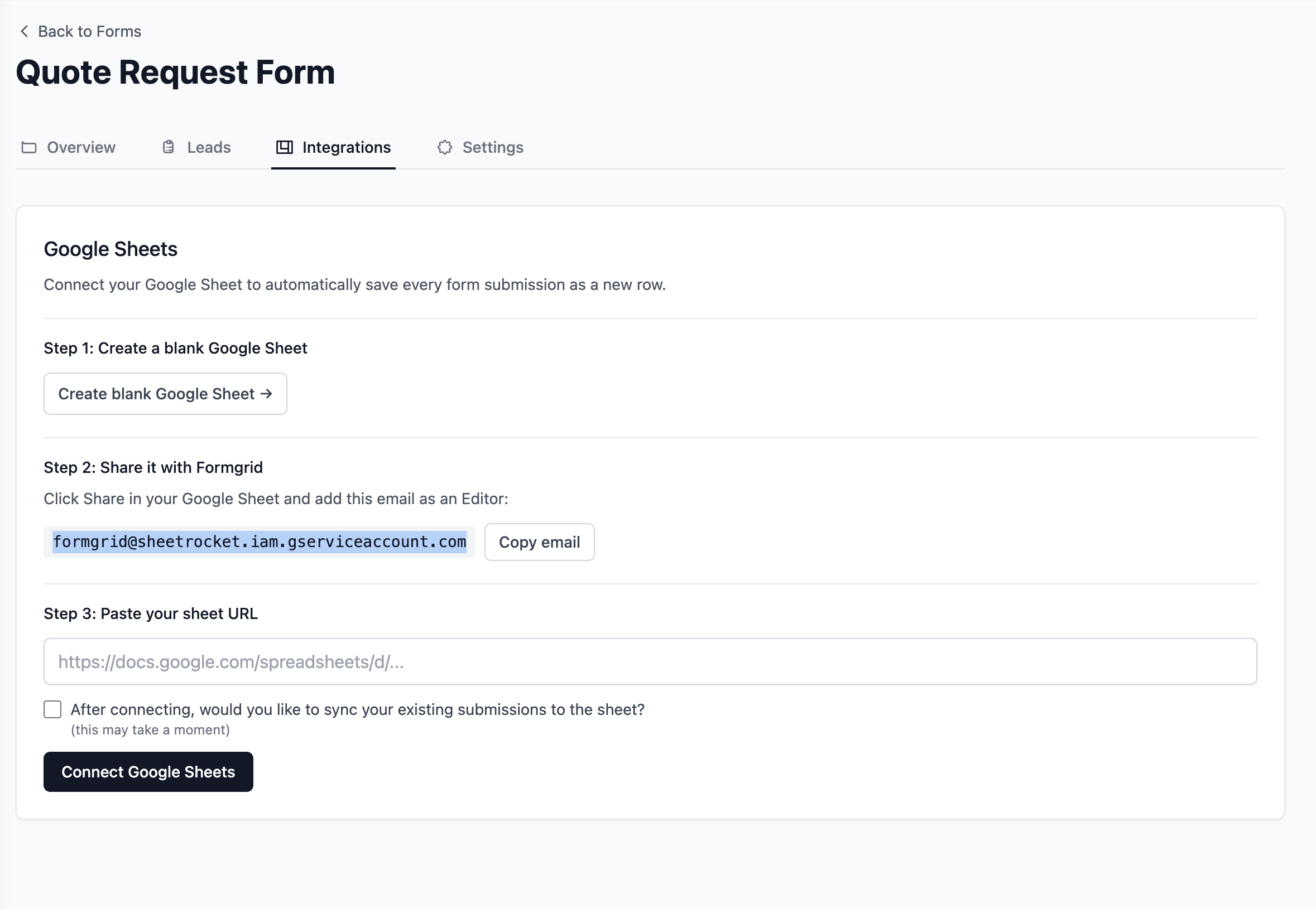 Screenshot: Formgrid Google Sheets integration setup