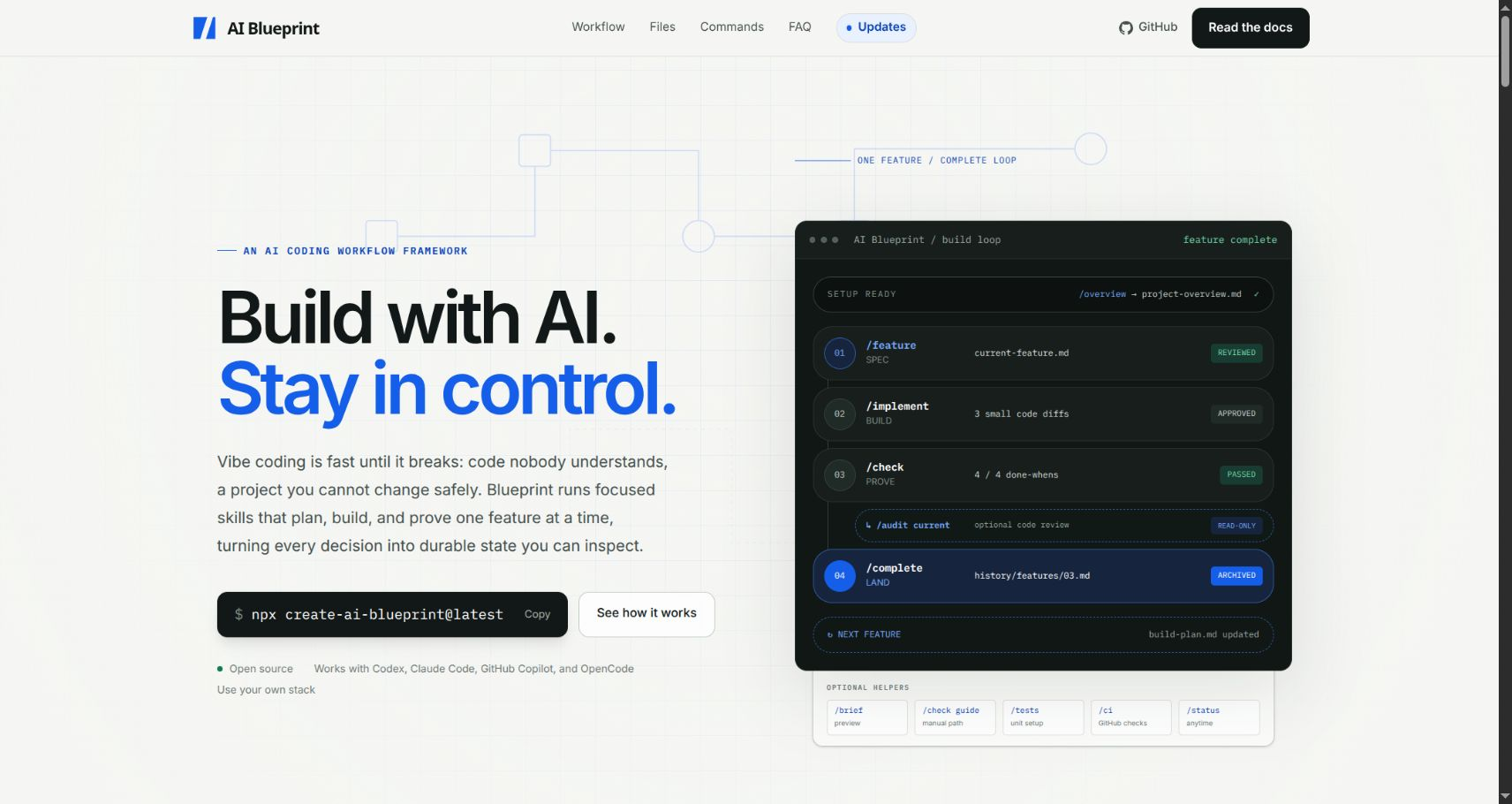 The AI Blueprint website showing its one-feature workflow from specification through implementation, checking, and completion.
