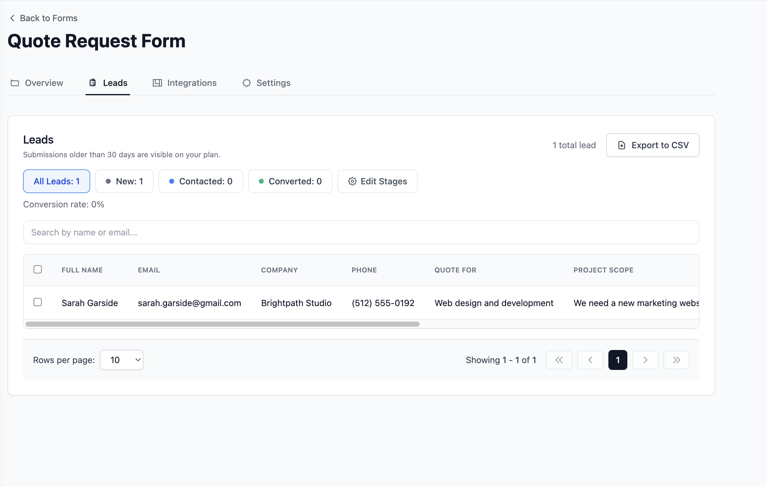 Screenshot: Formgrid Leads tab showing a new lead