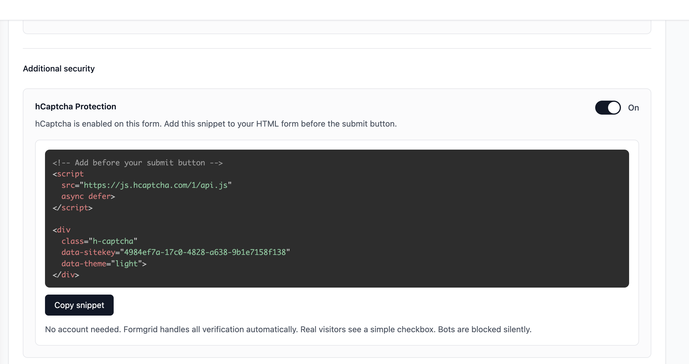 Screenshot: Formgrid security settings section