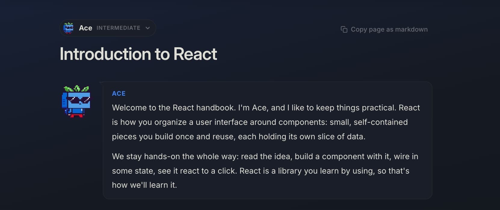Scrimba's React docs "Introduction to React" page, with an intro from Ace, an AI guide, welcoming readers and describing React as organizing UIs into reusable components.