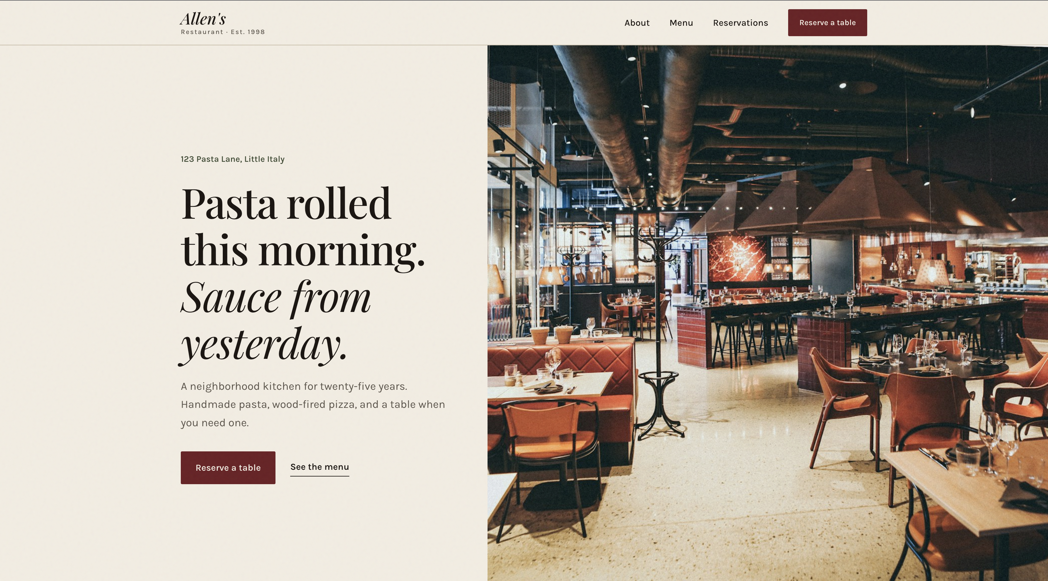 Screenshot of the complete restaurant website in a browser with the hero section showing