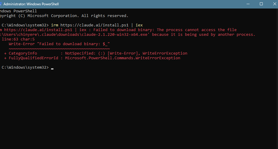 Admin PowerShell showing the file-lock error