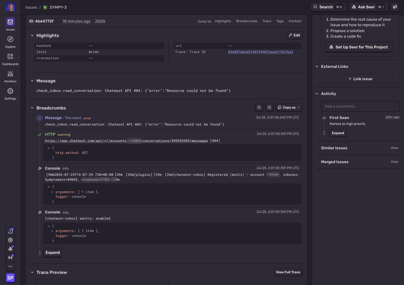 Sentry breadcrumbs showing an agent tool failure and the Chatwoot HTTP request that caused it