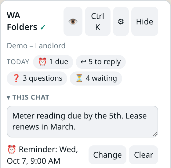 This chat section for a demo landlord chat: a private note about a meter reading and a reminder for Wed, Oct 7, 9:00 AM with Change and Clear buttons