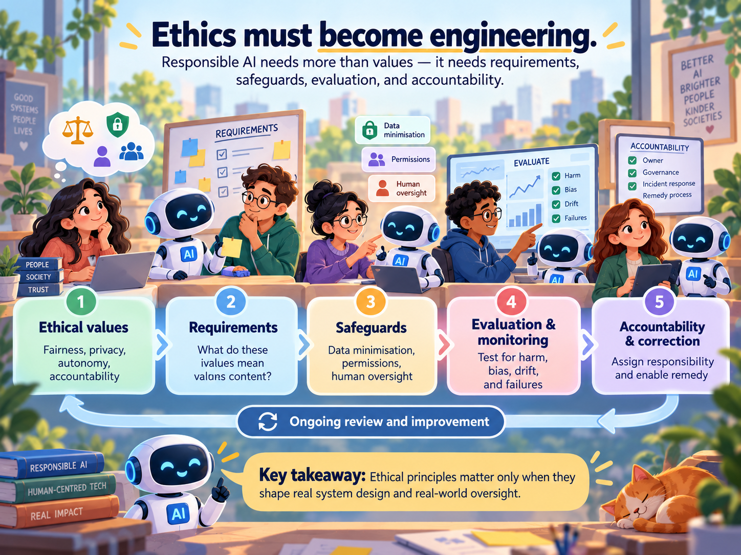 ![Five-stage responsible AI workflow: ethical values, requirements, safeguards, evaluation and monitoring, and accountability, connected through ongoing review and improvement.