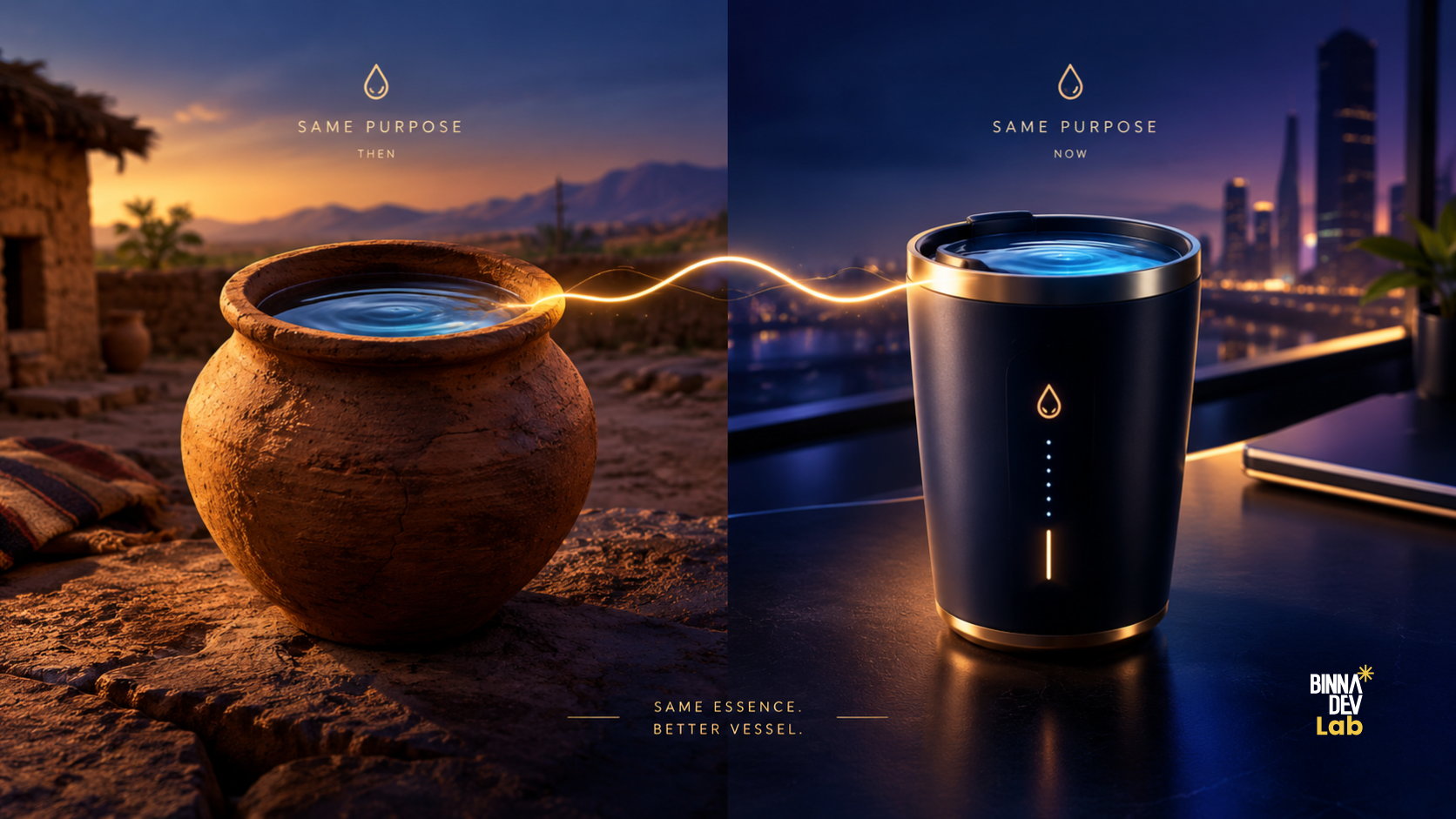 A split-screen conceptual illustration showing an ancient clay pot on one side and a modern smart cup on the other. Both vessels contain the same water, connected by a subtle glowing line. The visual communicates that while technology, interfaces, and infrastructure evolve, the fundamental purpose remains unchanged. The vessel improves; the underlying function does not.