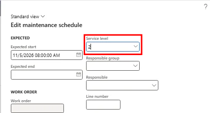 Edit maintenance schedule dialog with the service level on 1 line changed to 2