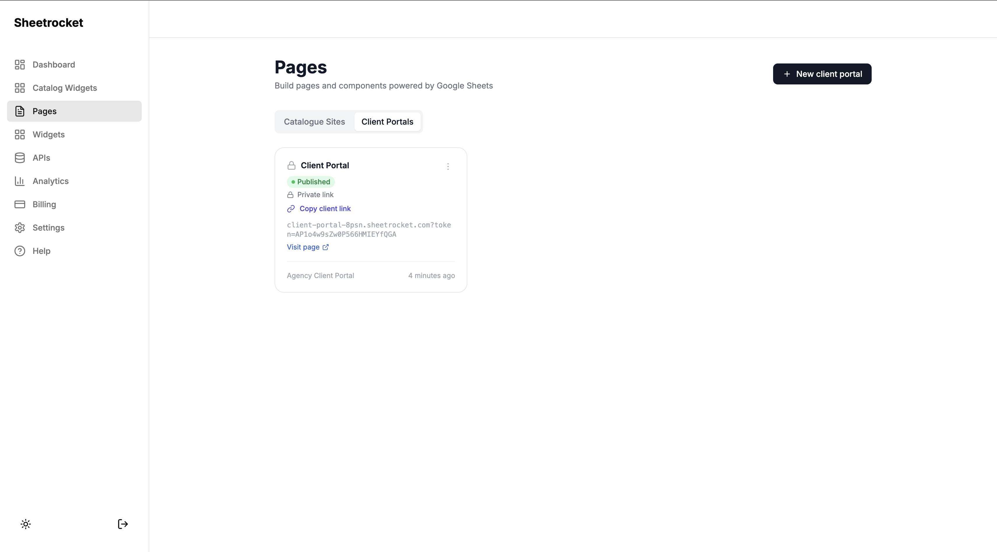 Screenshot of the Portals list showing the Acme Corporation Portal card with client name, Private link badge, and Copy client link button