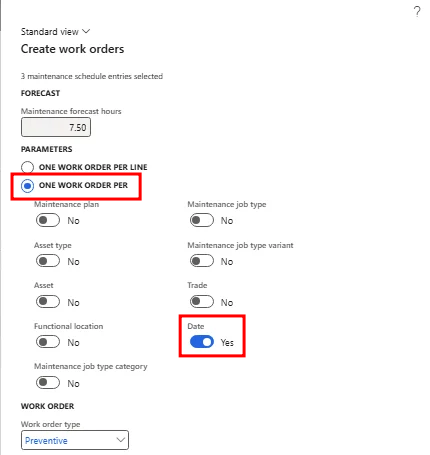 Create work orders dialog with 3 schedule entries selected, grouped by date