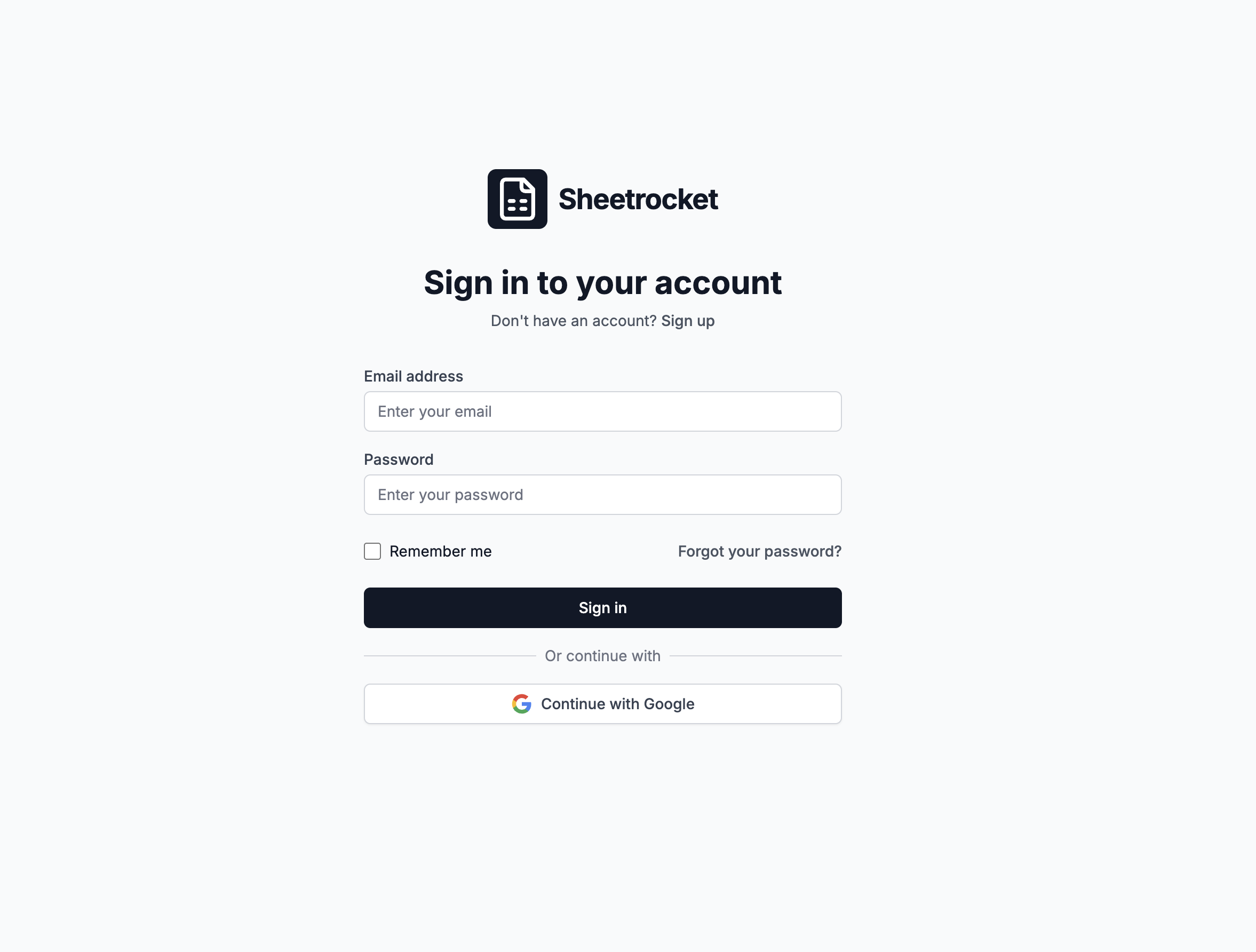 Screenshot of the Sheetrocket signup page