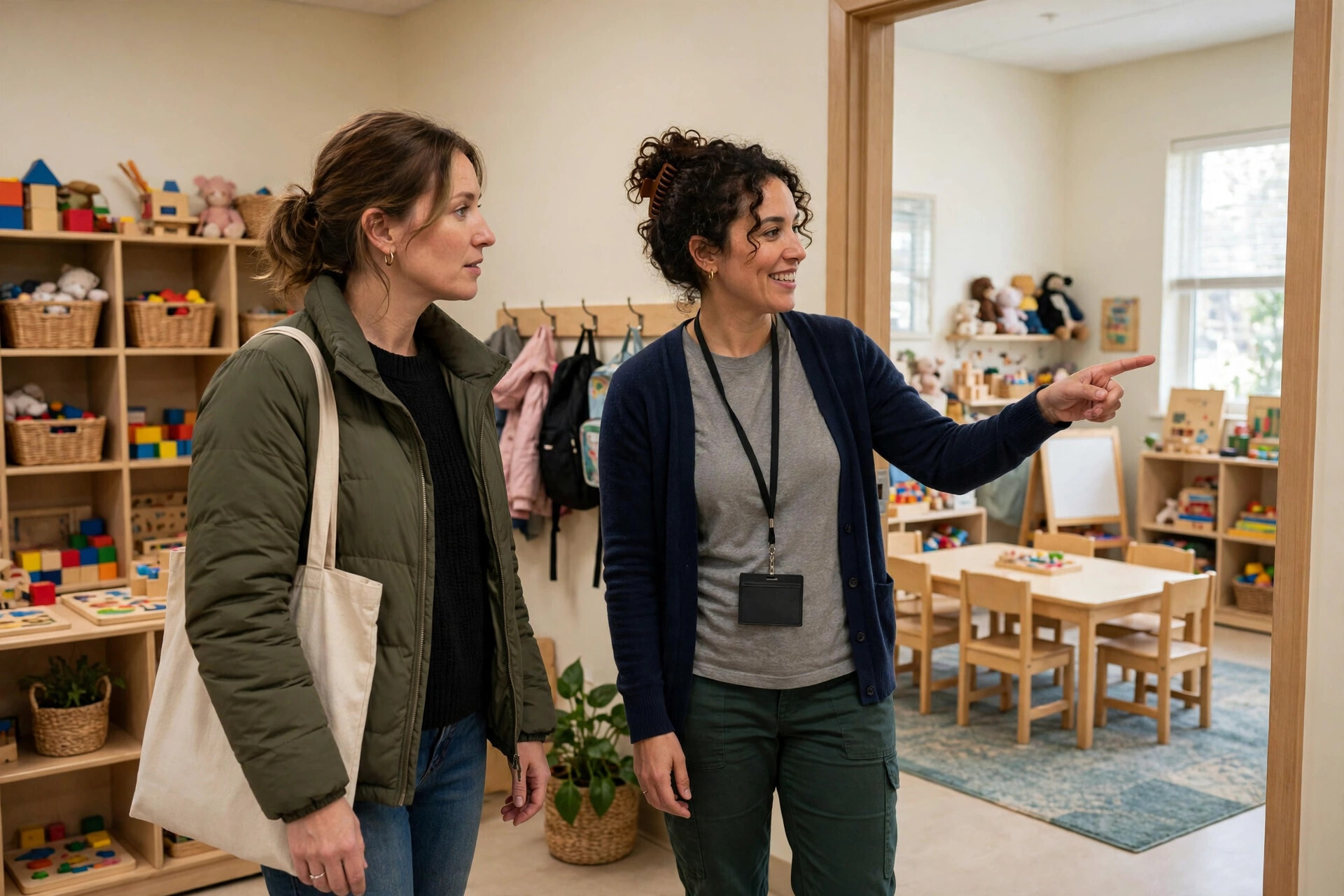 Parent touring a daycare center with a staff member showing a classroom
